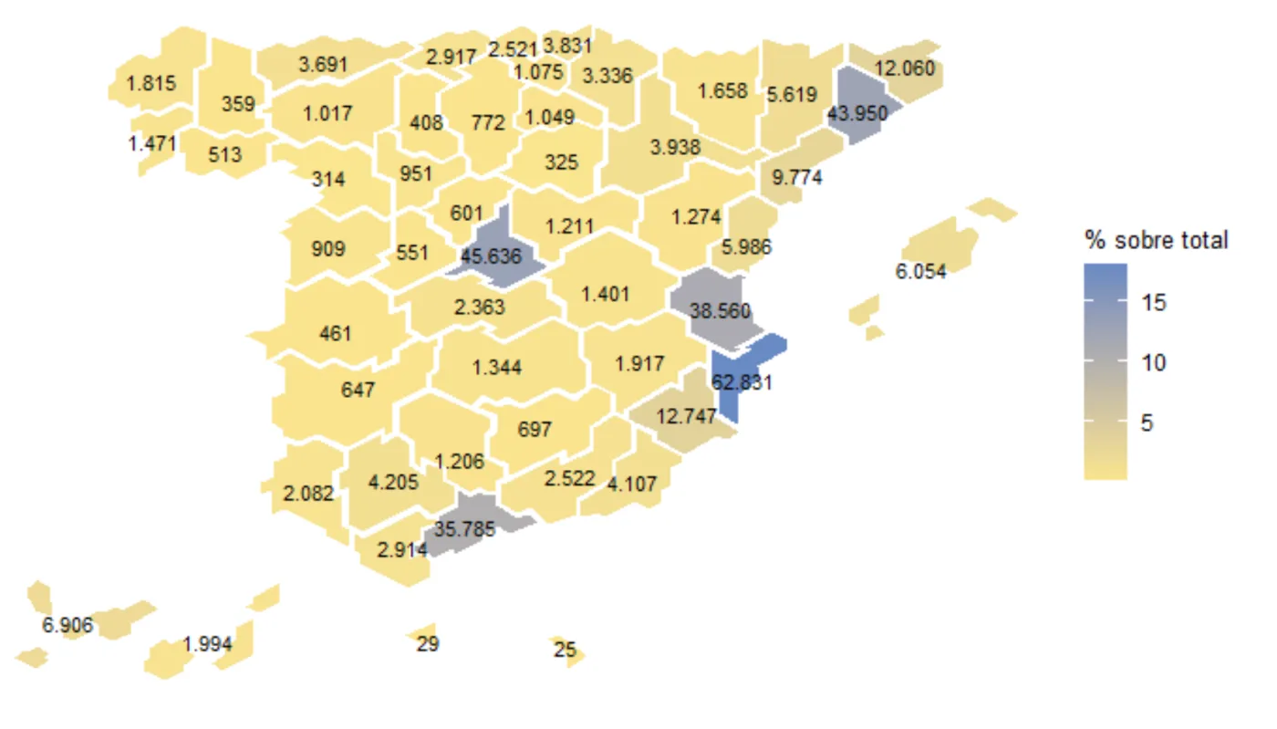 Мапа: українці з чинними документами на проживання по провінціях Іспанії, 30 червня 2026